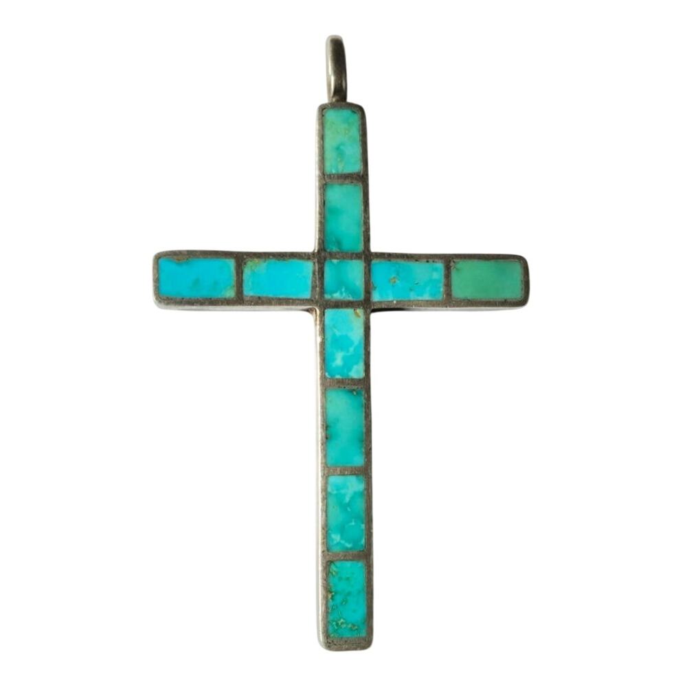 Vintage Zuni Sterling Silver Turquoise Channel Inlay Cross Pendant Signed H